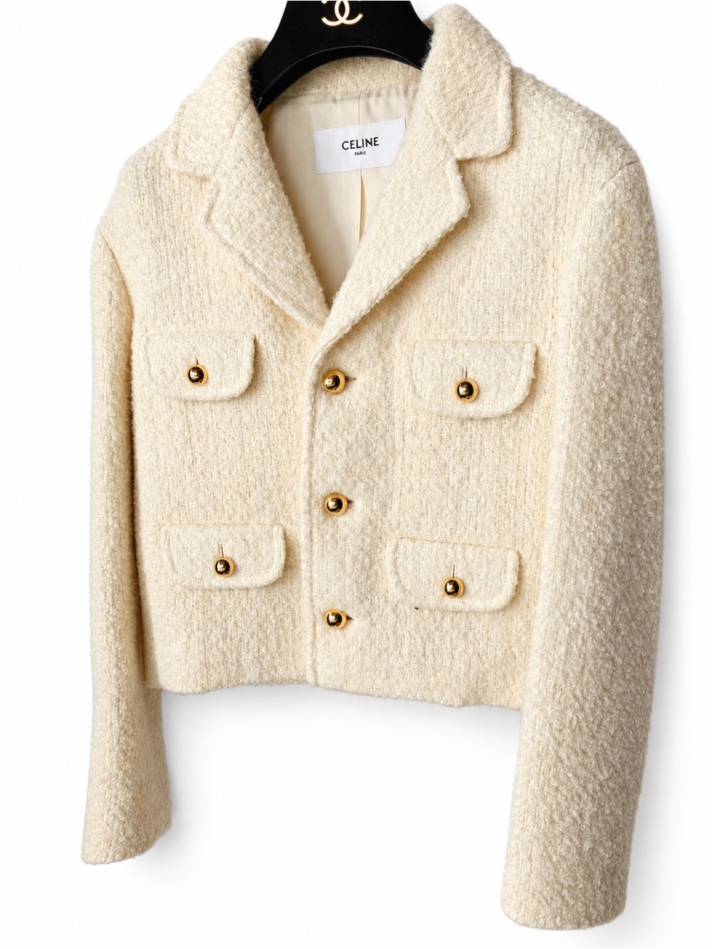 Celine Cream Bouclé Cropped Blazer with Gold Buttons